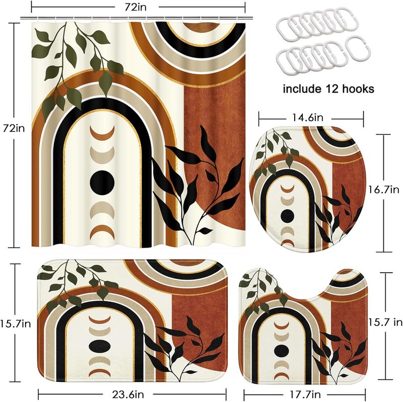 Tayney Boho Mid Century Shower Curtain Set with Toilet Lid Cover and Non-Slip Rugs, Cute Aesthetic Abstract Leaves Geometric 4 Pcs Modern Minimalist Shower Curtain for Bathroom Set with 12 Hooks - Image 2